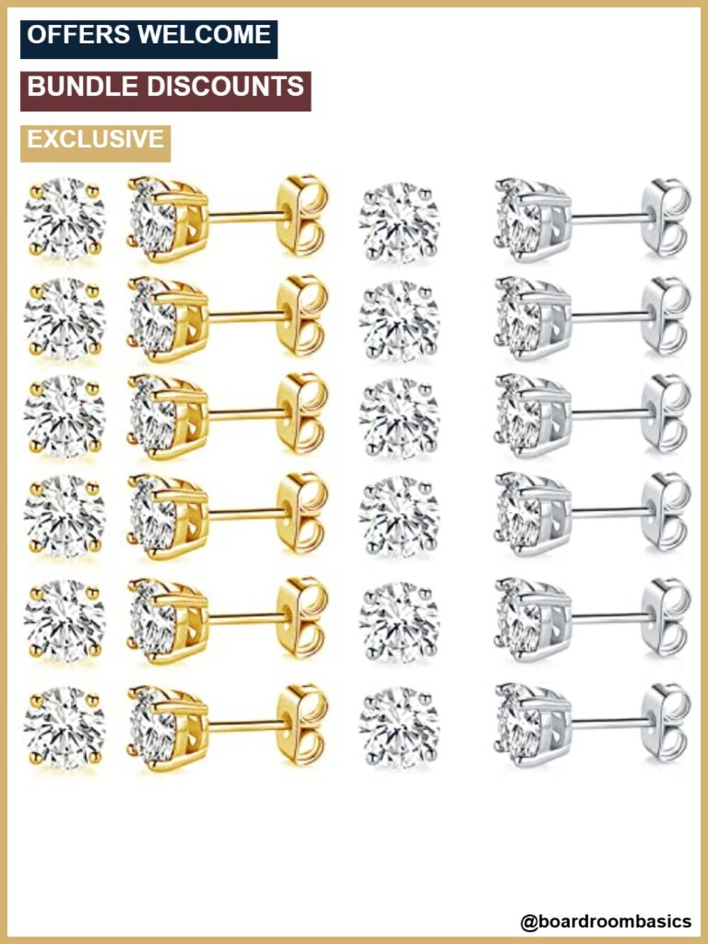 18k Gold Plated Cubic Zirconia Stud Earrings Hypoallergenic 12 Pair Set